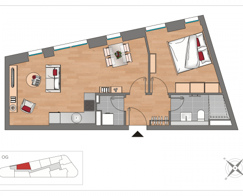 Grundriss WE17 – 2-Zimmer-Wohnung mit 47,23 m² im 1. Obergeschoss, OSTFORUM Leipzig