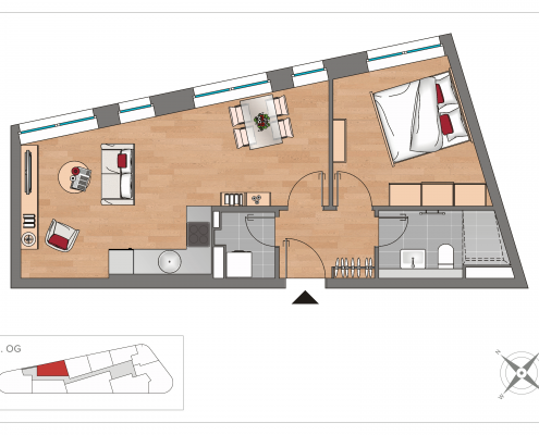 Grundriss WE27 – 2-Zimmer-Wohnung mit 46,01 m² im 2. Obergeschoss, OSTFORUM Leipzig