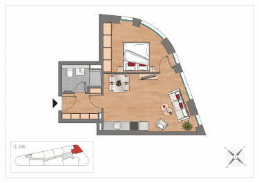 Grundriss WE32 – 2-Zimmer-Wohnung mit 44,34 m² im 3. Obergeschoss, OSTFORUM Leipzig