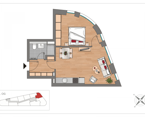 Grundriss WE32 – 2-Zimmer-Wohnung mit 44,34 m² im 3. Obergeschoss, OSTFORUM Leipzig